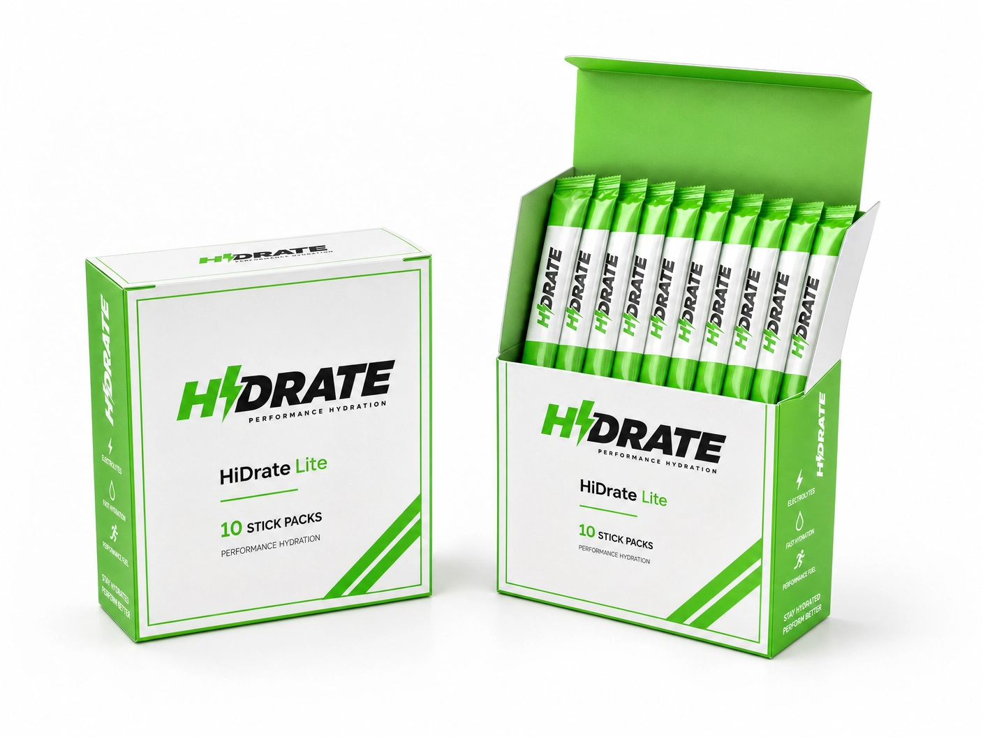 HiDrate Lite 10-pack retail box with stick packs